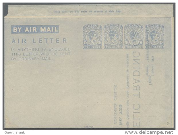 1946, AIR LETTER KGVI 10c. Four Impressions In Pale Blue On White Paper With Inside Printed Company 'Oriental... - Sri Lanka (Ceylon) (1948-...)