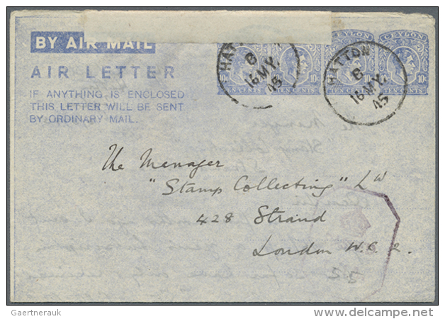 1945 (16.5.), AIR LETTER KGVI 10c. Four Impressions In Ultramarine On White Paper Commercially Used From Hatton To... - Sri Lanka (Ceylon) (1948-...)