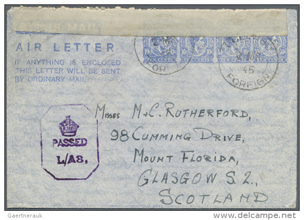 1945 (2.3.), AIR LETTER KGVI 10c. Four Impressions In Ultramarine On White Paper Commercially Used From Colombo To... - Sri Lanka (Ceylon) (1948-...)
