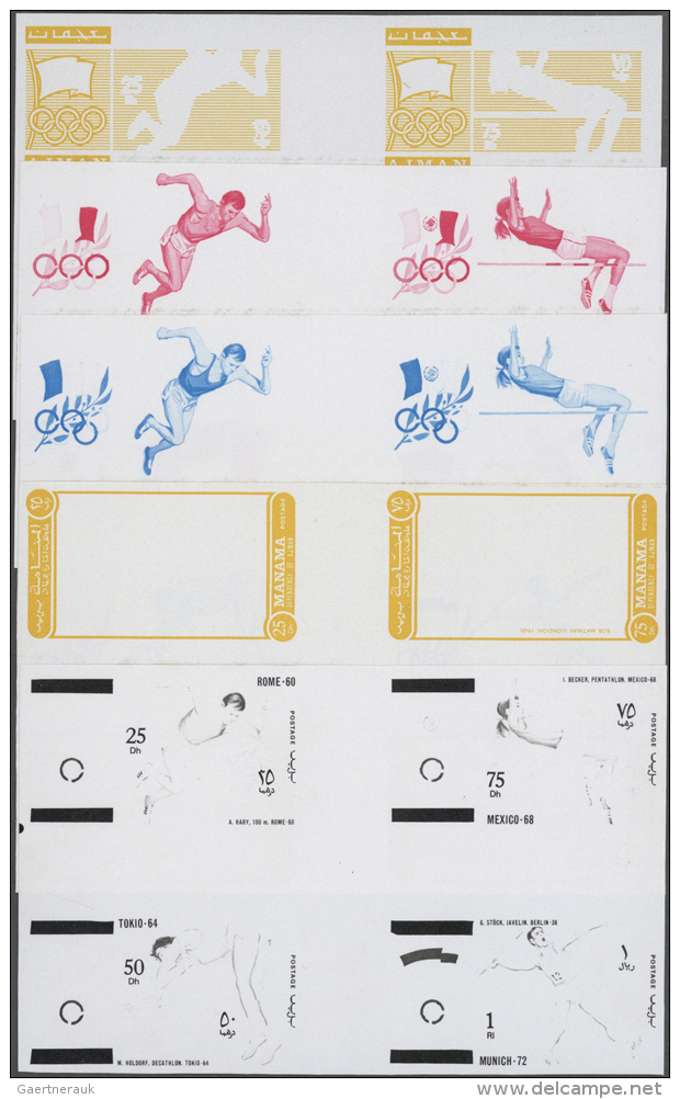 1971, GREAT OLYMPIC CHAMPIONS - 8 Items; Progressive Plate Proofs For The Set (excepting Airmail Stamp) In Crossed... - Manama