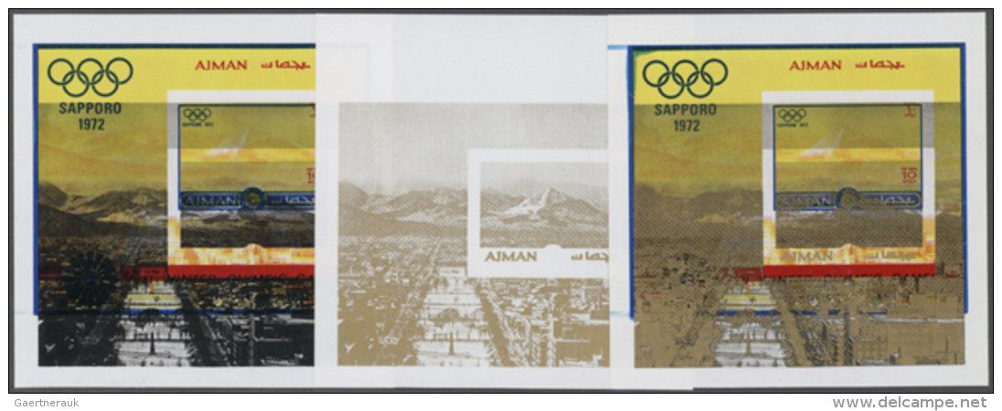 1971, OLYMPIC GAMES SAPPORO '72 - 9 Items; Progressive Single Die Proofs For The Souvenir Sheet With Gold And Black... - Adschman