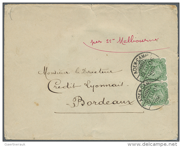 Aden-Camp: 1905, India 4 A. Horizontal Pair Tied Two Strikes "ADEN-CAMP 12 AUG 05" To Cover To Bank In France,... - Aden (1854-1963)