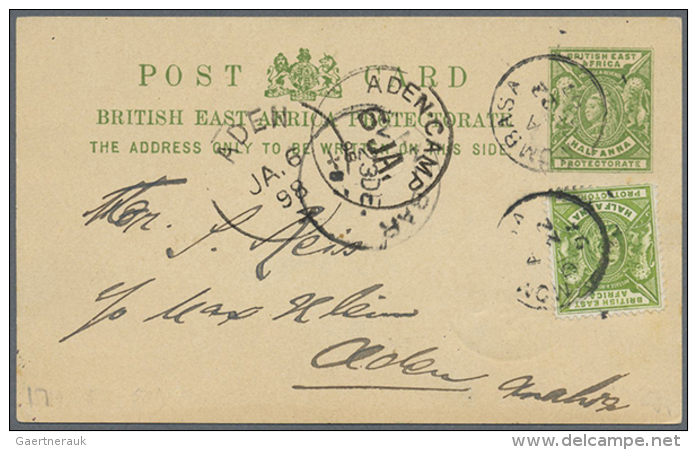 1897/1898, Incoming Mail From KUT/British East Africa, Uprated Stationery Card &frac12;a. Green From "MOMBASA DE 22... - Aden (1854-1963)