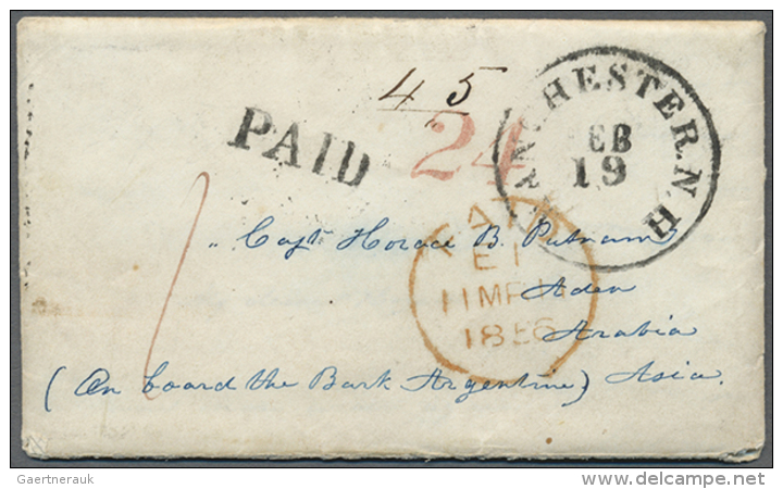 1856, Early Incoming Mail: The Earliest Known Inward Letter From The U.S.A., 1856 Stampless Envelope With Enclosed... - Aden (1854-1963)