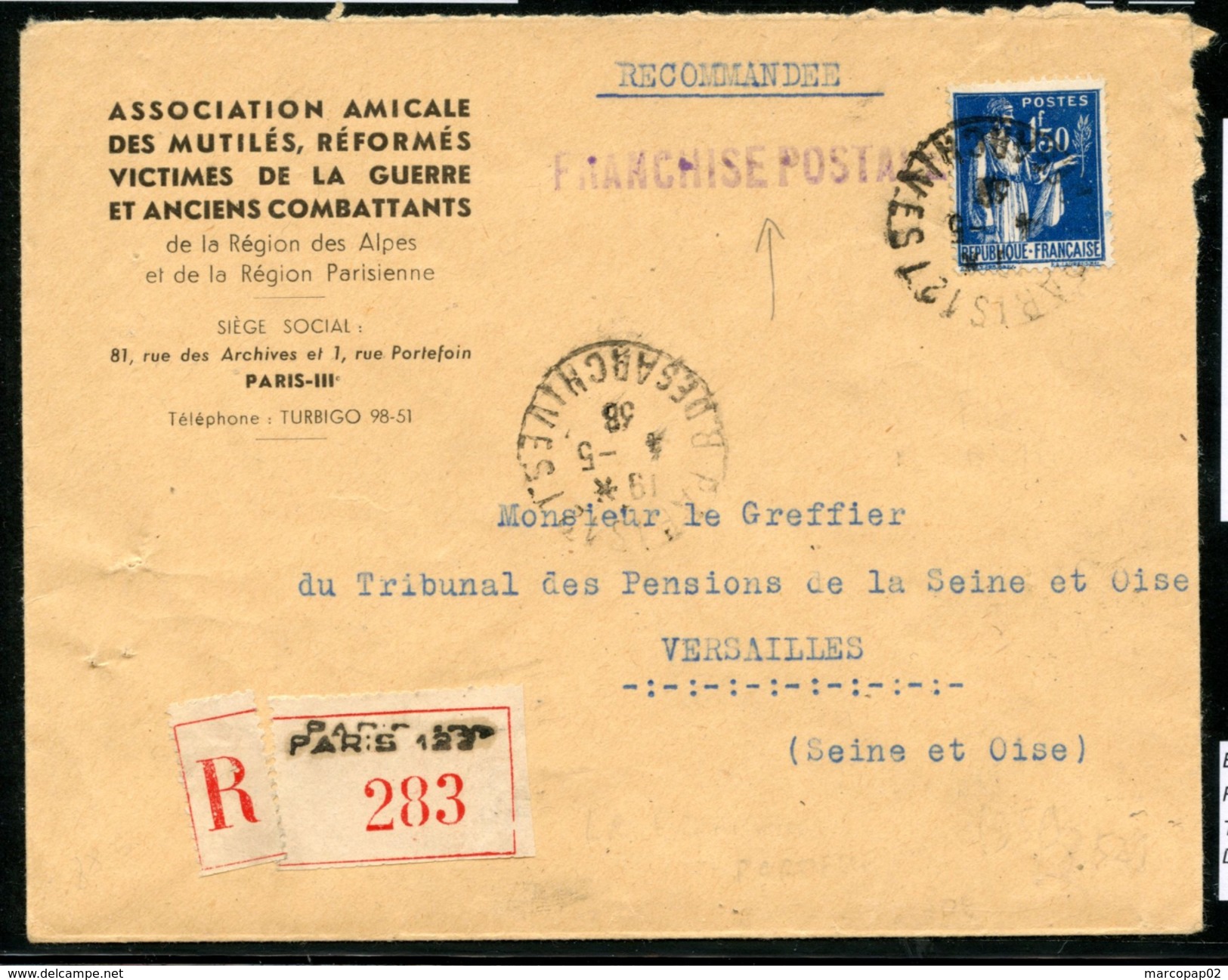 Paix N° 288: Lettre Du 4/5/1938 RECOMMANDEE En FRANCHISE POSTALE - 1921-1960: Période Moderne