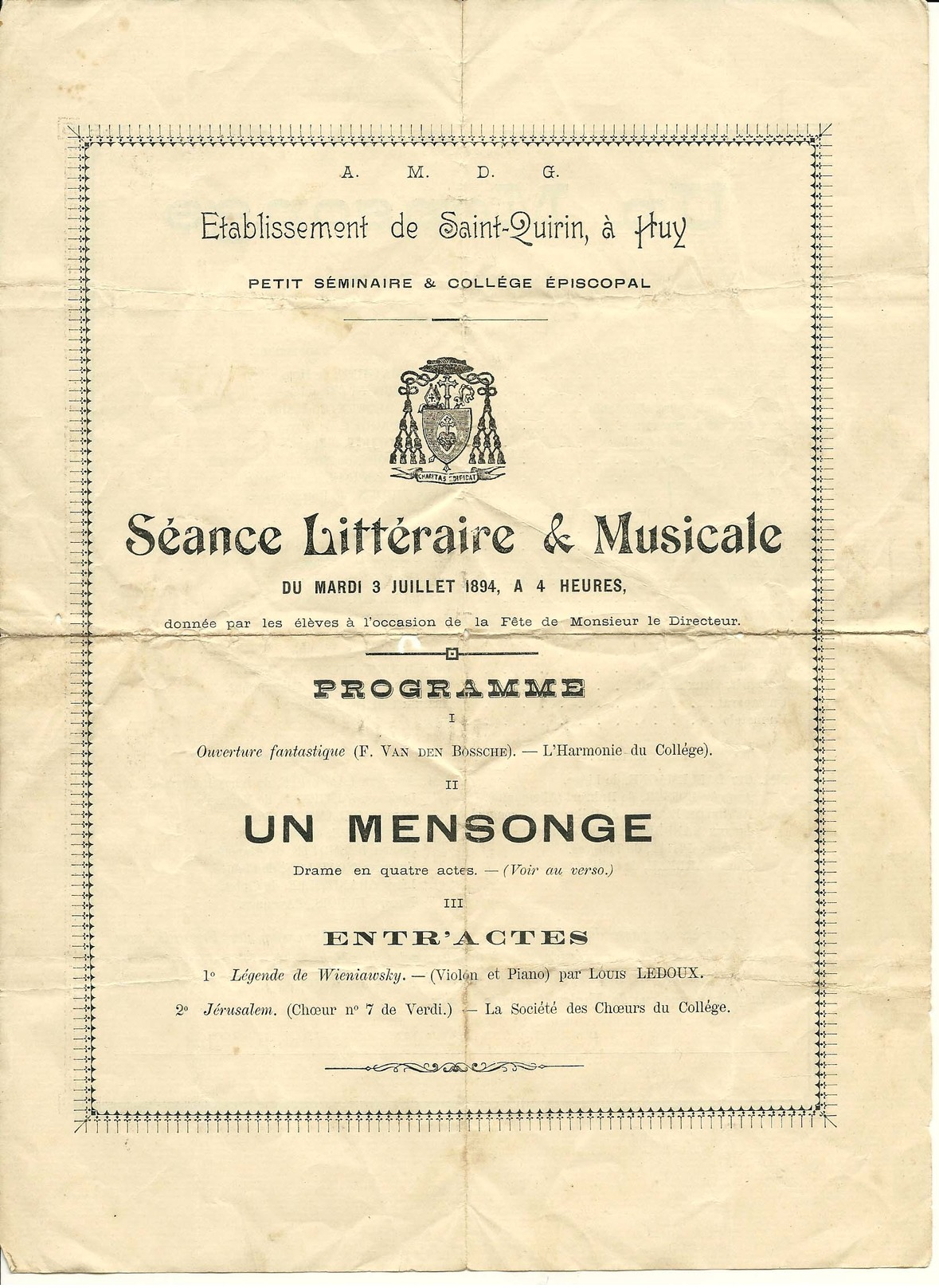 Huy établissement Saint Quirin Séance Littéraire Et Musicale  3 Juillet 1894 Voir Noms Des Acteurs Au Verso Doc Rare - Hoei