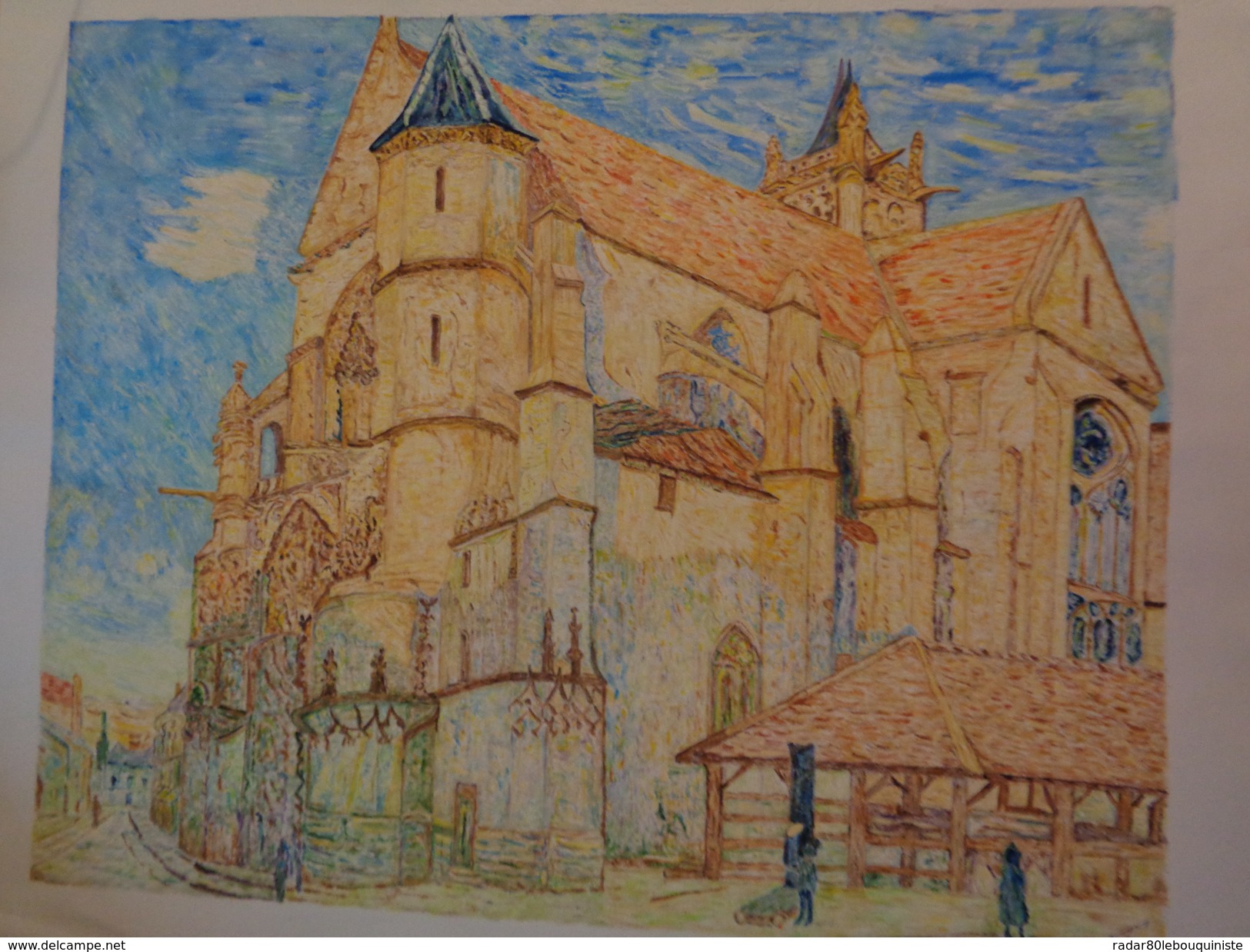 L'église De Moret Au Soleil.D'Après A.Sisley.La Feuille :630 X 500 Mm.Acrylique Sur Papier Par Debeaupuis.1977. - Acrilici