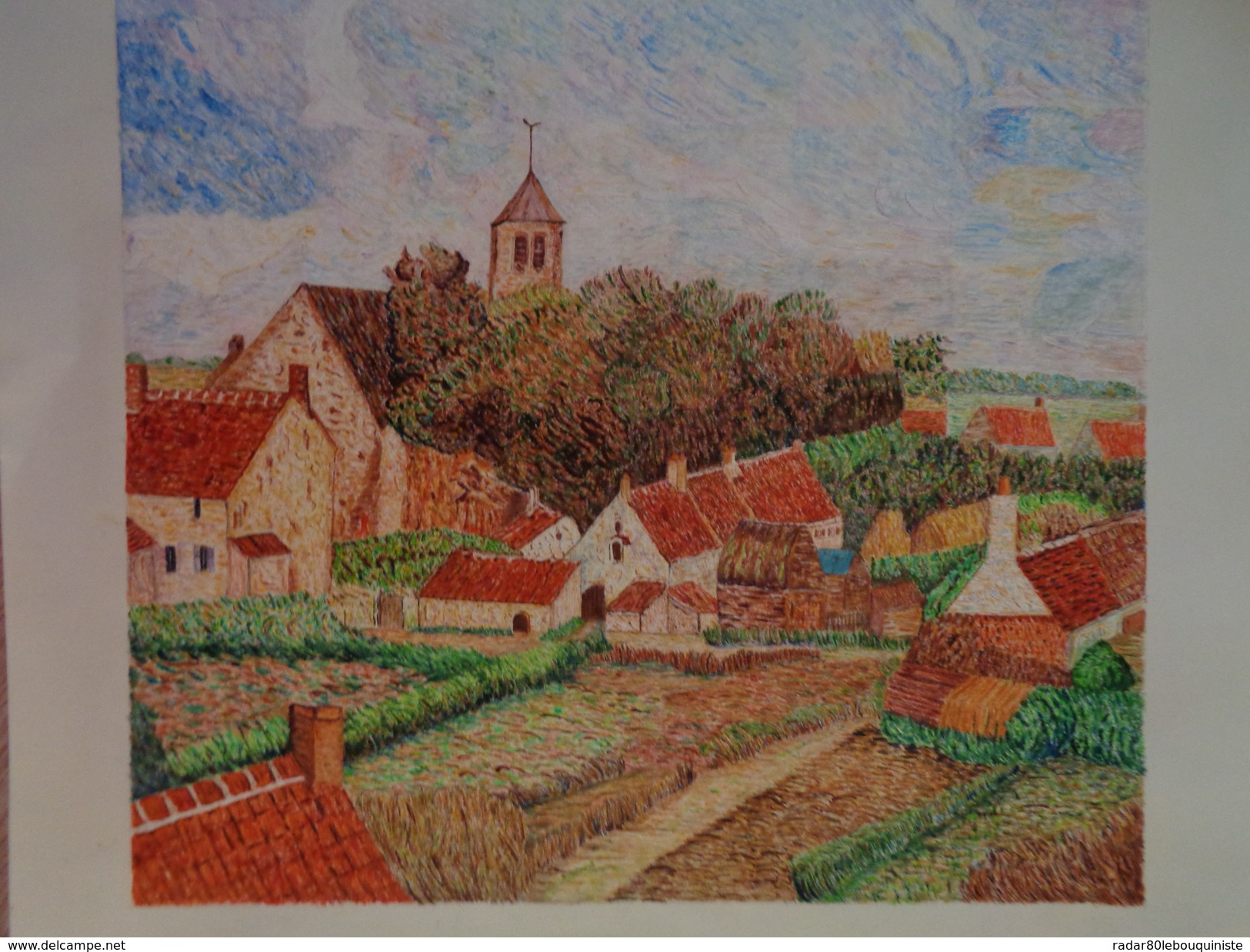 Le Clocher Du Village.D'Après Camille Pissaro.La Feuille :528 X 460 Mm.Acrylique Sur Papier Par Debeaupuis.1980. - Acryl