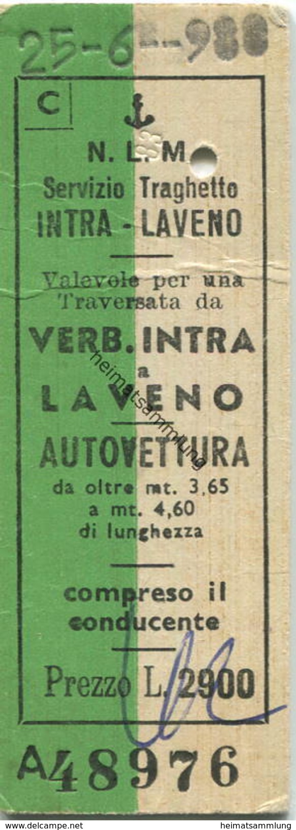 Italien - N.L.M. Navigazione Lago Maggiore - Servizia Traghetto Autovettura - Verb. Intra A Laveno - Fahrkarte L. 2900 1 - Europe