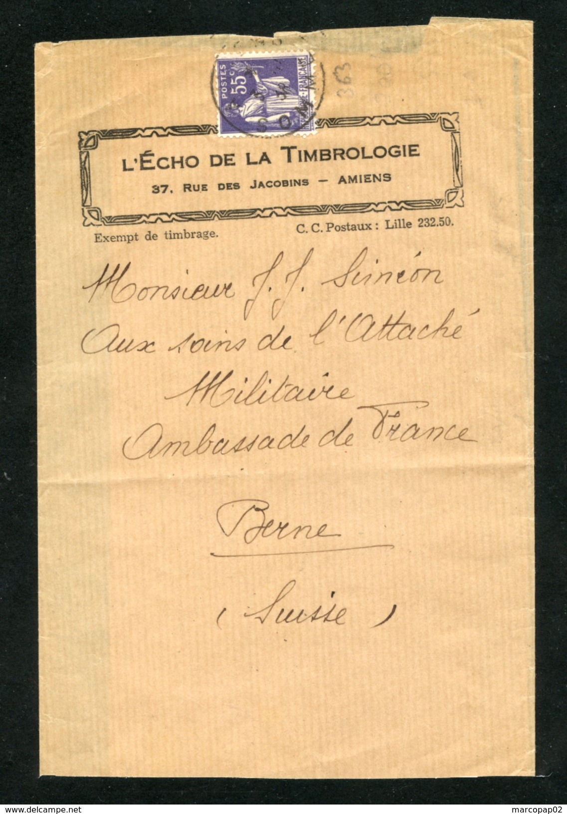 Paix N° 363: Bande JOURNAL OB Amiens Du 3/10/1938 Pour La SUISSE Au 1/2 Tarif Des Imprimés - 1921-1960: Période Moderne