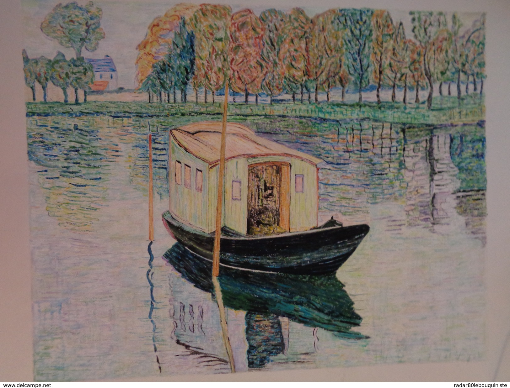 Le Bateau Atelier.D'après Claude Monet.La Feuille :580 X 460 Mm.Acrylique Sur Papier Par Debeaupuis.1977 - Acrilici