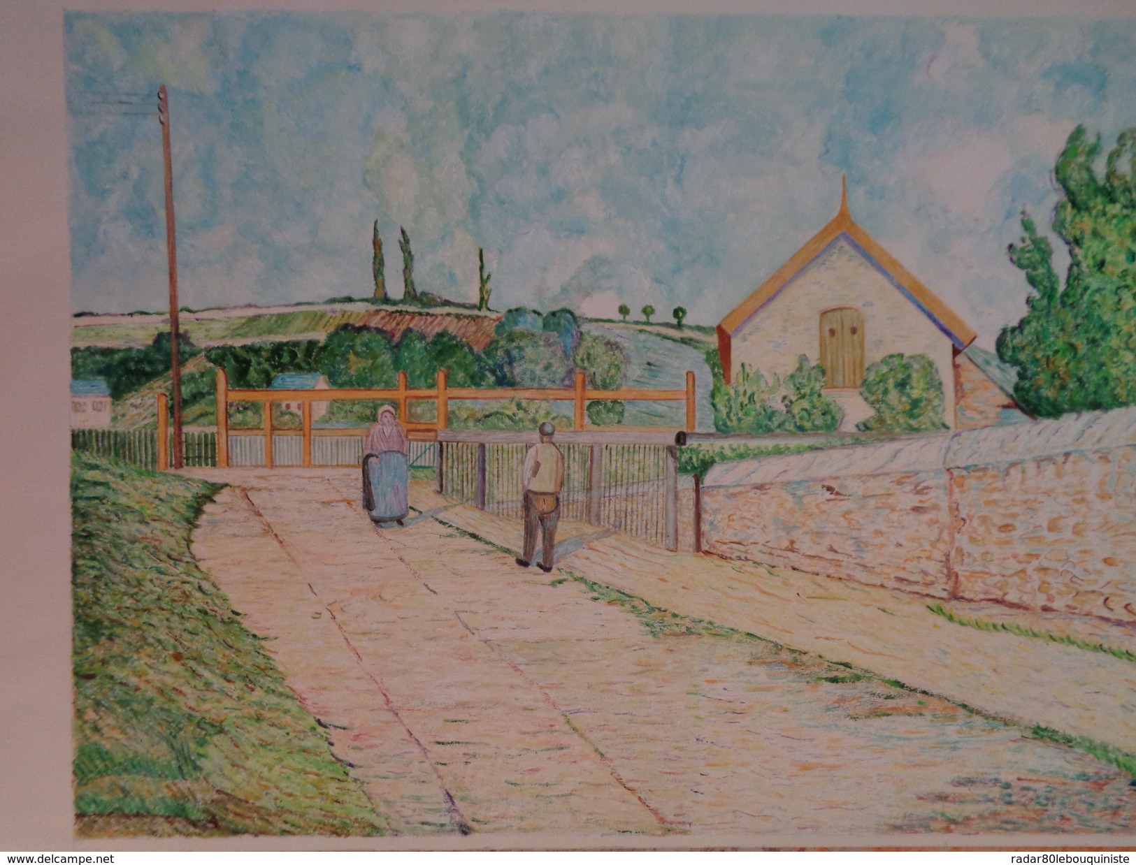 La Barrière Du Chemin De Fer Au Pâtis,Pontoise.D'après Camille Pissaro.560 X 380 Mm.Acrylique Sur Papier Par Debeaupuis. - Acryl