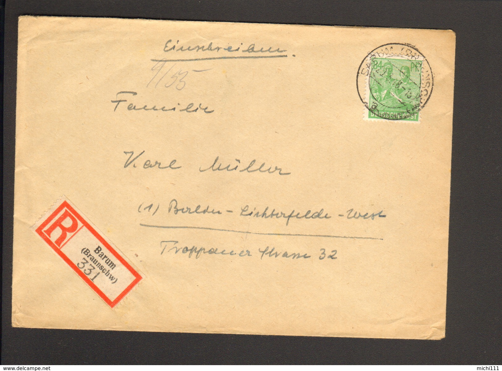 Alli.Bes.84 Pfg.Arbeiter Auf Einschreiben-Fernbrief V.Barum (Braunschw) Von 1948 Ankunftstempel - Sonstige & Ohne Zuordnung