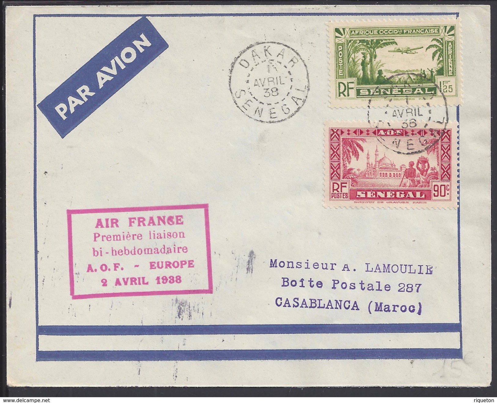 SENEGAL - 1938 - " Air France - Première Liaison A.O.F-Europe Bi-hebdomadaire - Enveloppe Vers Casablanca - B/TB - - Lettres & Documents