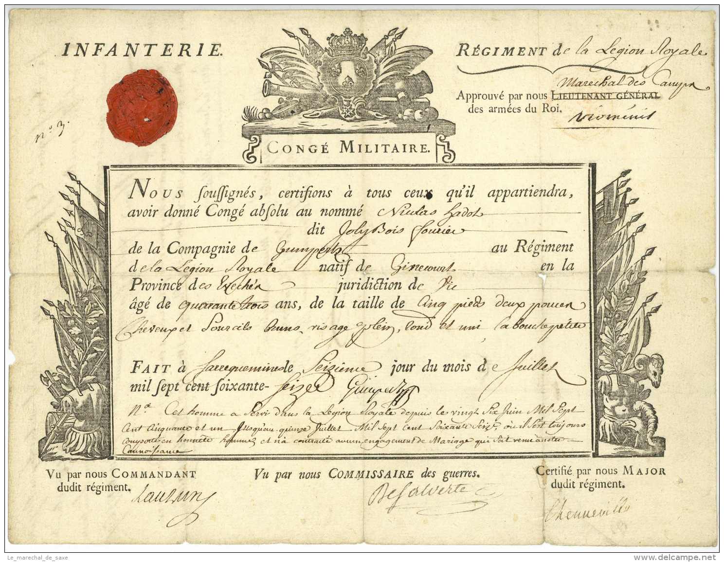 REGIMENT De La LLEGION ROYALE - Sarreguemines 1776 - Généraux VIOMENIL (1728-1792), BIRON (1747-1793) Et Colonel Chennev - Historical Documents