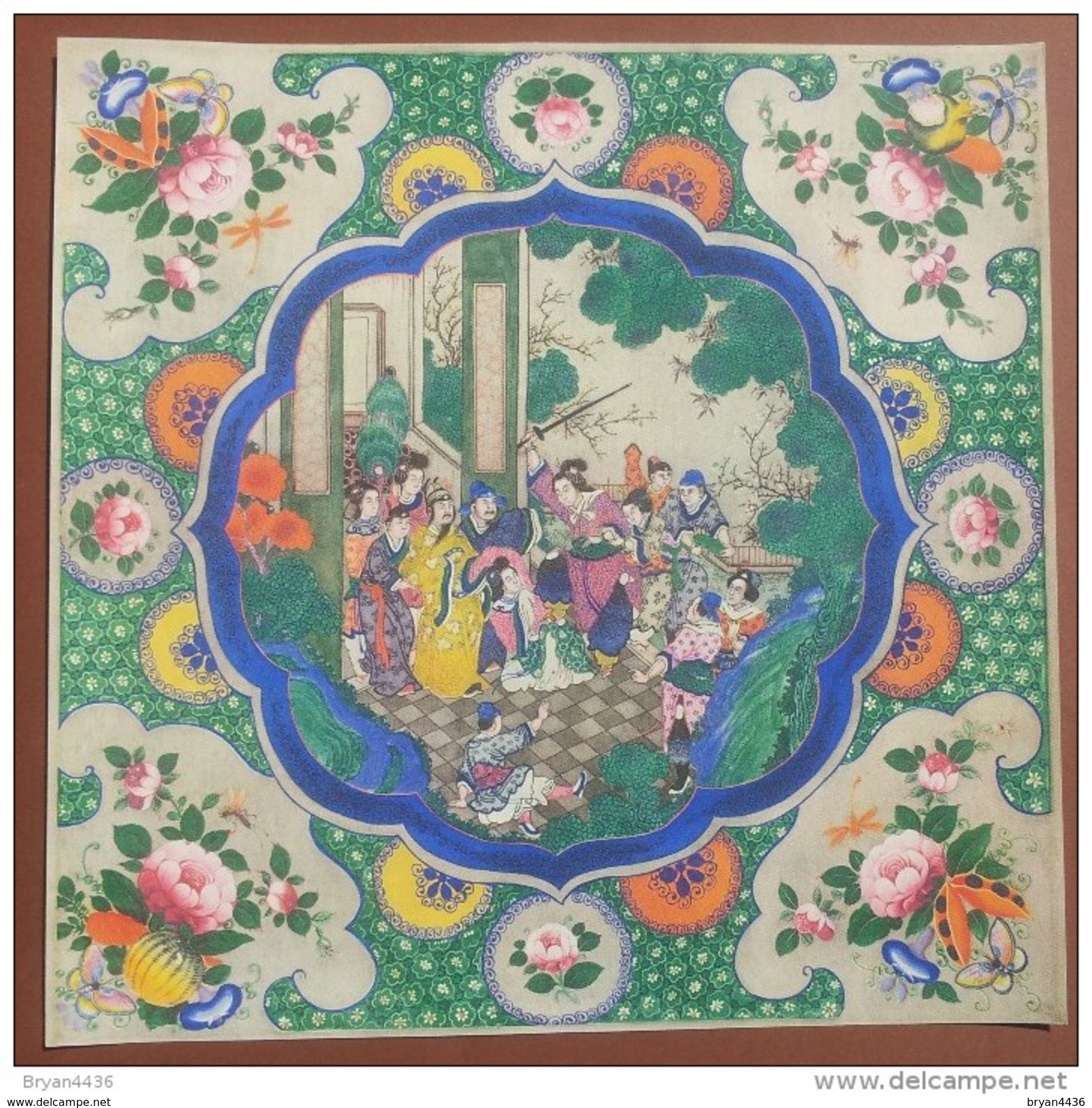 Chine - Rare Gravure Ancienne Papier Toilé - ** Scéne Cruelle - Décor Bucolique; Fleurs & Insectes ** - (39 X 39 Cm) - China