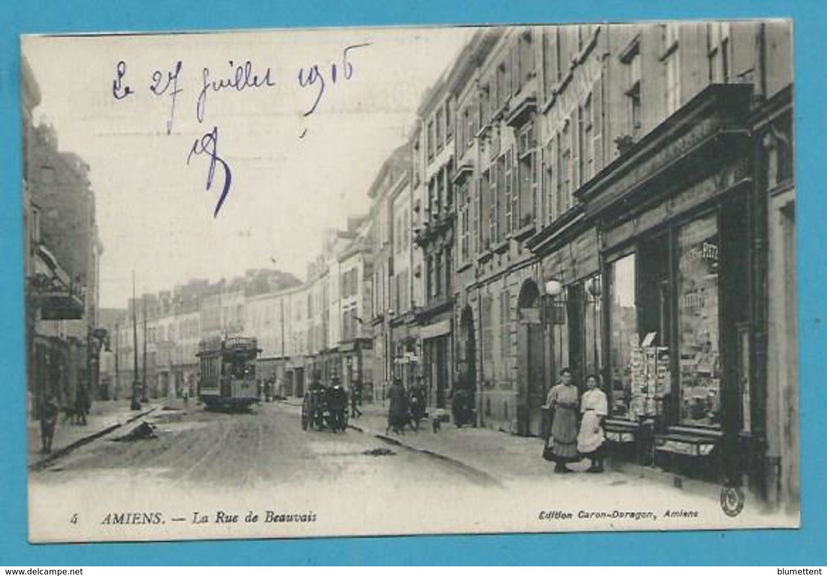 CPA 4 - Tramway - Marchand De Cartes Postales Rue De Beauvais AMIENS 80 - Amiens