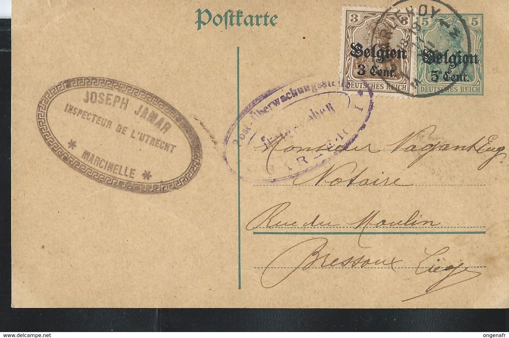 Crte Obl. N° 9. Obl. Charleroy 11/12/1916 Pour Bressoux + Censure (mauve) - Deutsche Besatzung