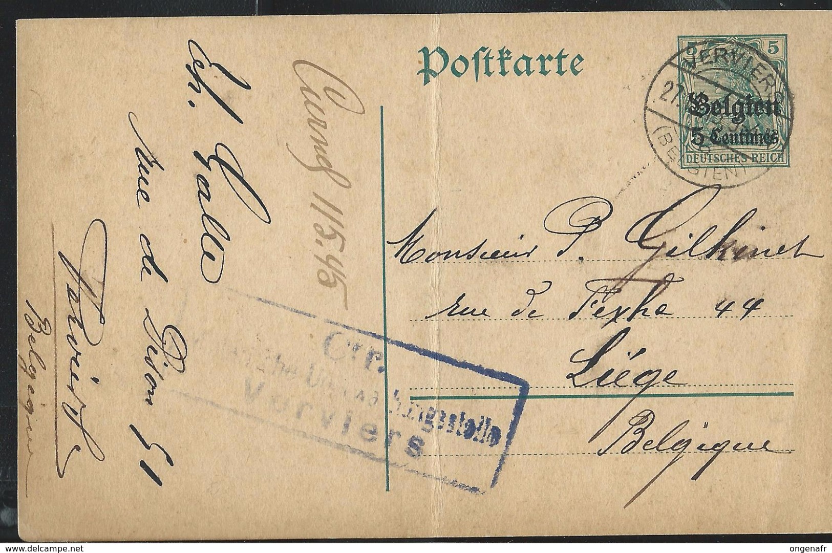 Carte Obl. N° 1.   Obl.: Verviers 27/09/1915  Pour Liège + Censure Rectangulaire De Verviers - German Occupation