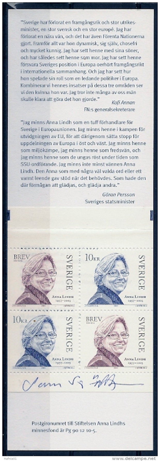 Lars Sjööblom. Sweden 2003. Anna Lindh.  Booklet.  Michel MH 296   MNH.  Signed. - 1981-..