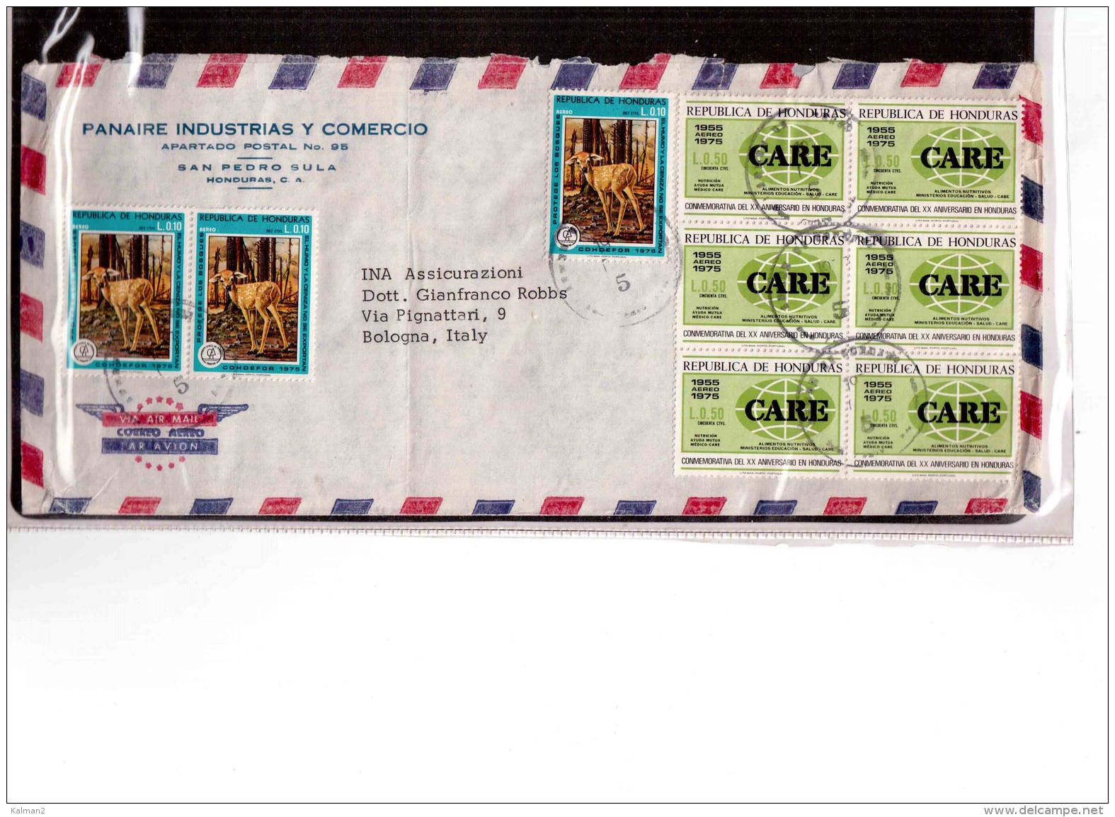 AV501   -   POSTAL HISTORY  "  HONDURAS "   /      AIR MAIL LETTER TO ITALY - Honduras