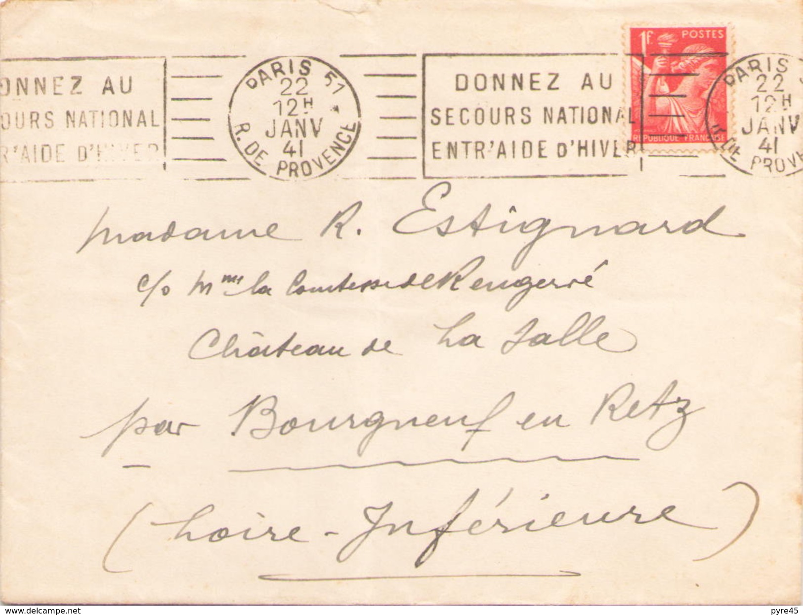 FRANCE ENVELOPPE DU 22 JANVIER 1941 DE PARIS POUR BOUGNEUF EN RETZ - Lettres & Documents