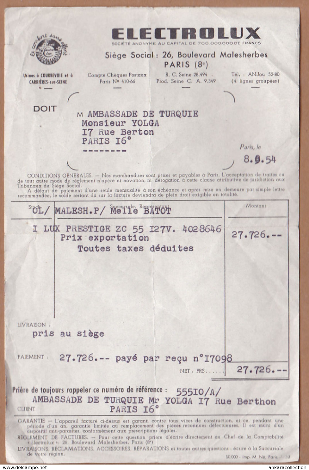 AC - ELECTROLUX INVOICE 08.09.1954 AMBASSADE DE TURQUIE NAMIK YOLGA TURKISH SCHINDLER - 1950 - ...