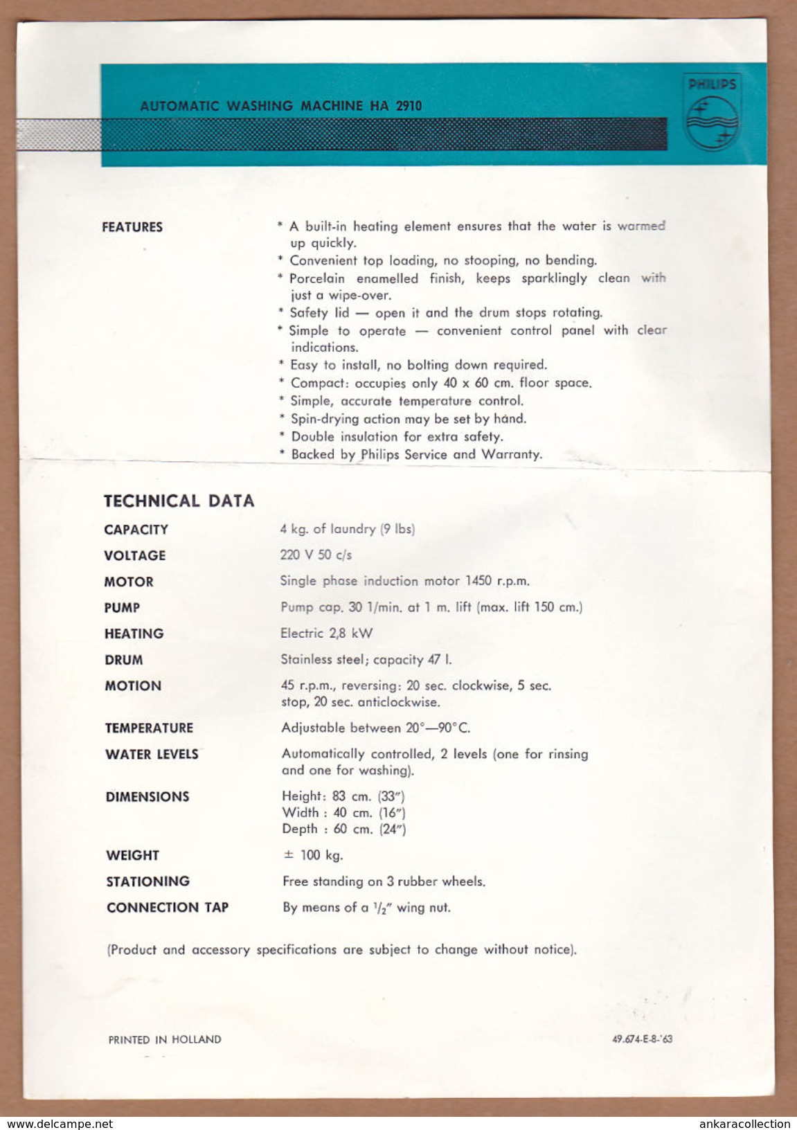 AC - PHILIPS HA 2910 AUTOMATIC WASHING MACHINE SPECIFICATION SHEET - Pays-Bas