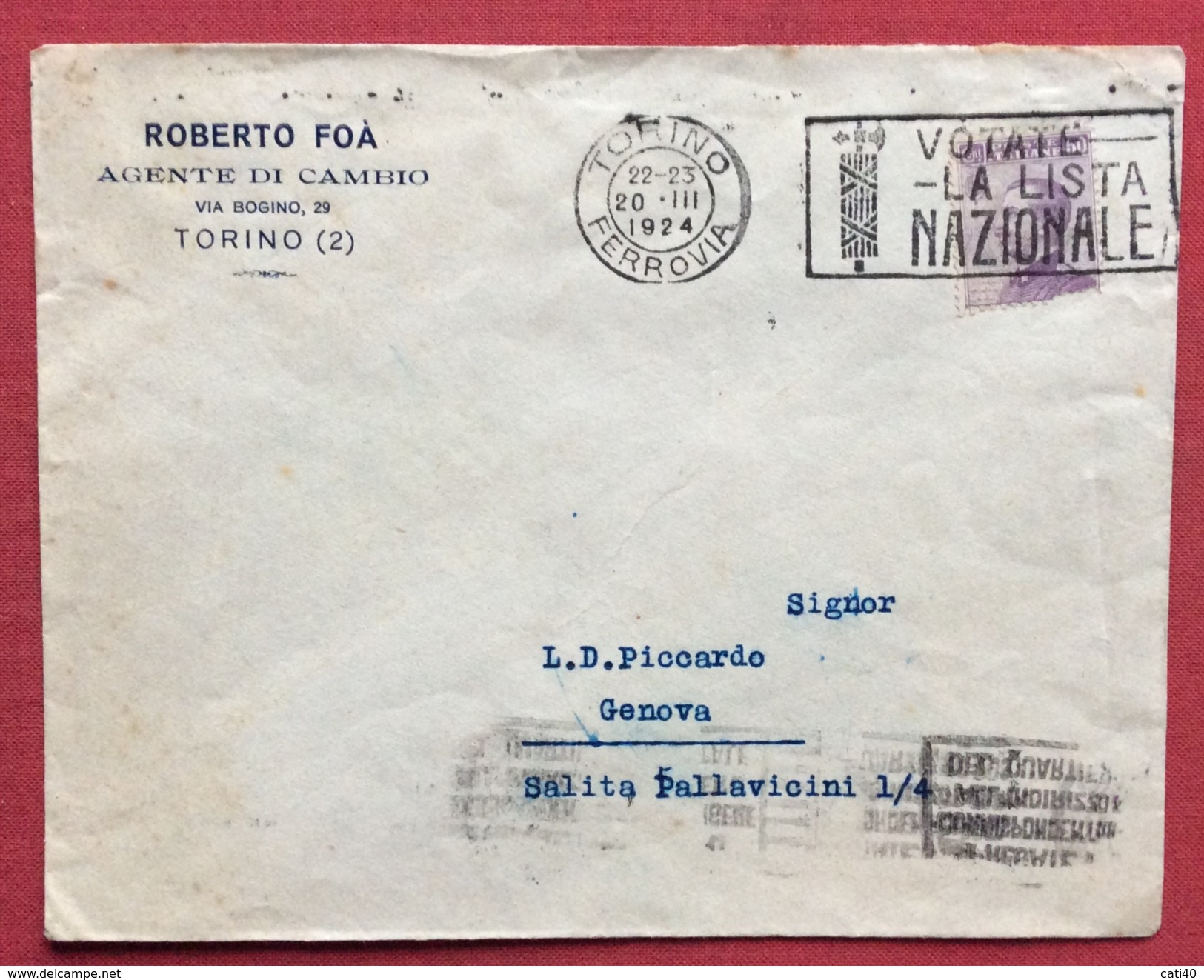 ANNULL0 A TARGHETTA  VOTATE LA LISTA NAZIONALE TORINO 20/3/1924 BUSTA ROBERTO FOA' AGENTE DI CAMBIO PER GENOVA - Storia Postale