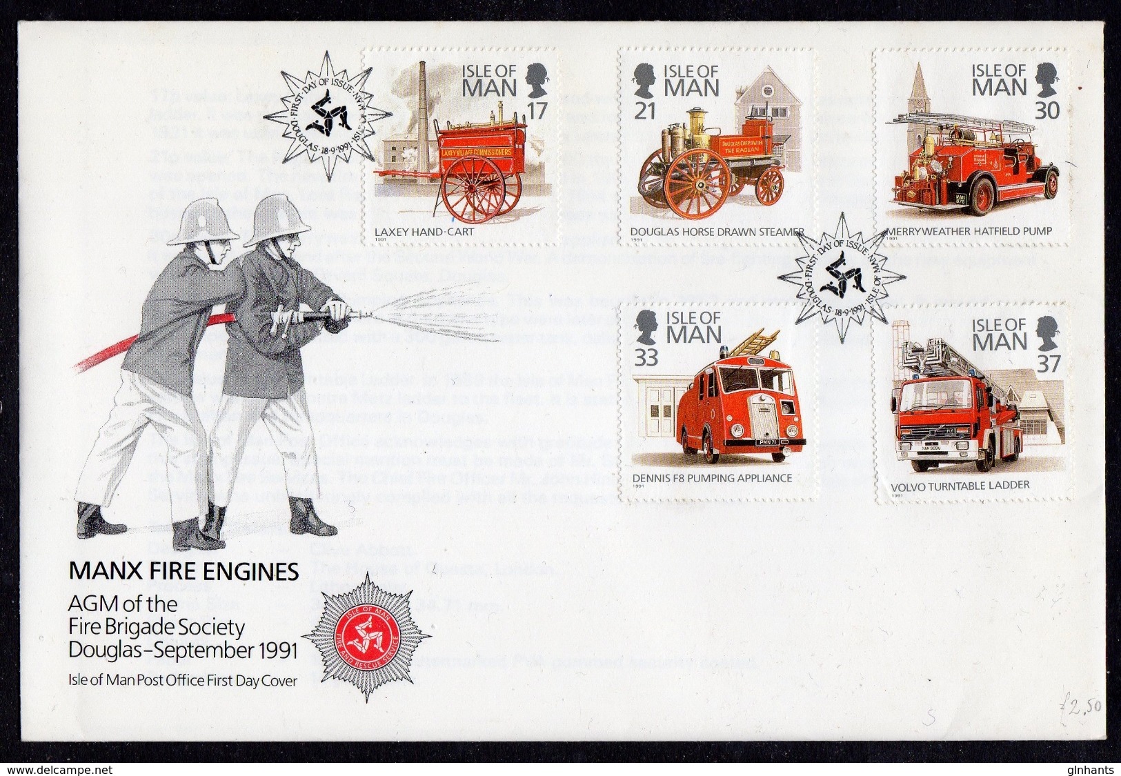 GB IOM ISLE OF MAN - 1991 MANX FIRE ENGINES FDC FINE - Firemen