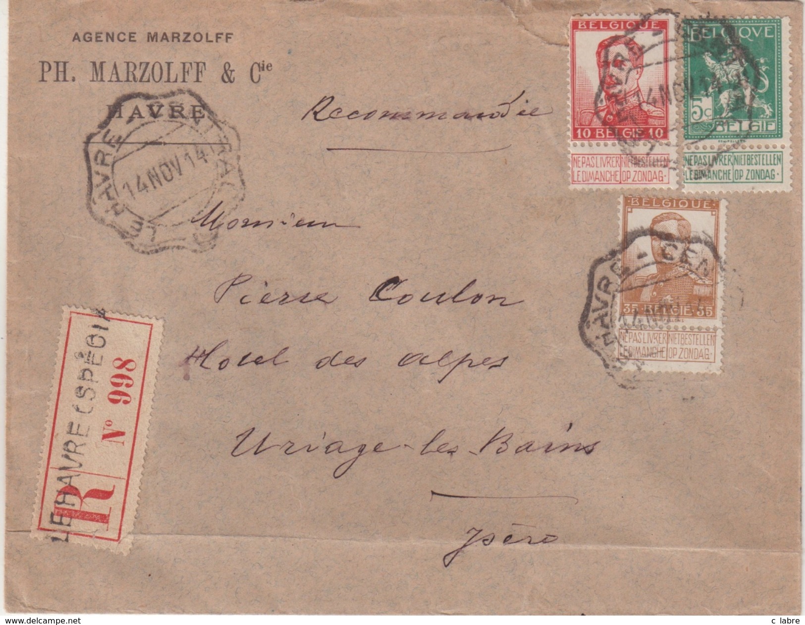 BELGIQUE : AFFRT A 50 Cts . CAD ONDULE . LE HAVRE CENTRAL . REC .1914 . - 1915-1920 Albert I