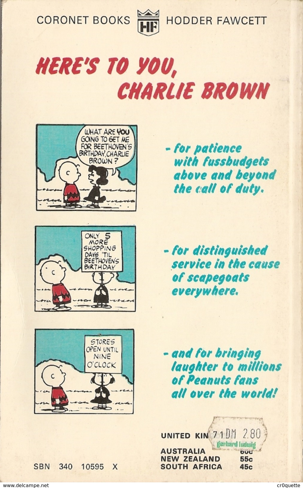 SCHULZ - HERE' S  TO YOU CHARLIE BROWN En 1969 - Other Publishers