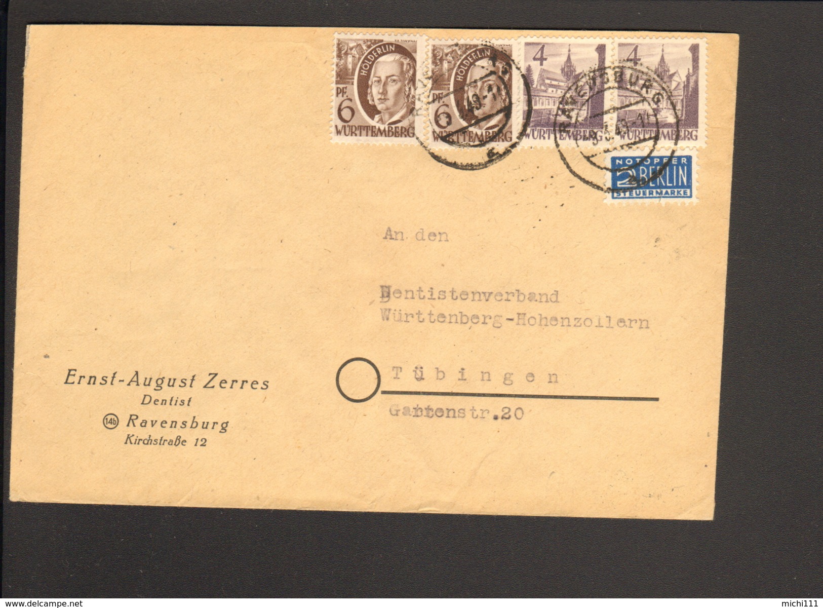 Franz.Zone Württ. 2 X 4 U.2 X 6 Pfg.Persönlichkeiten Mit Notopfer Auf Fernbrief A.Ravensburg V.9.3.49 - Sonstige & Ohne Zuordnung