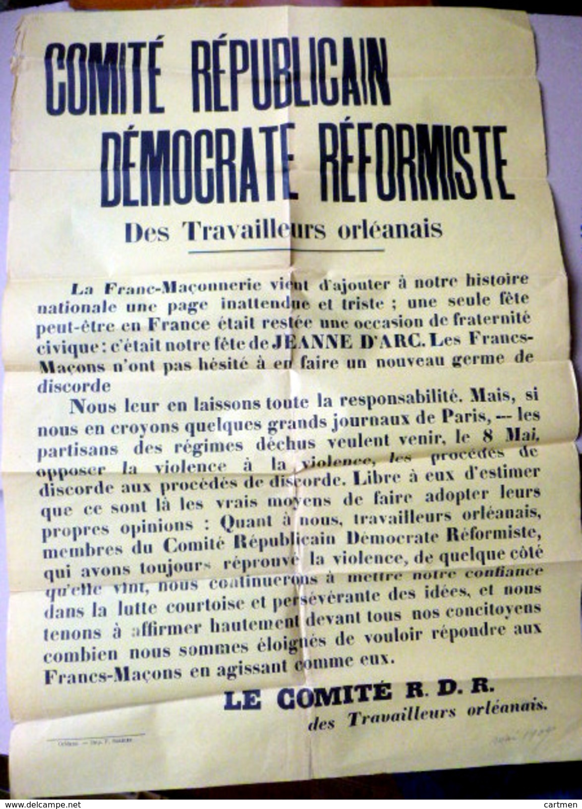 45 ORLEANS FRANC MACONNERIE PLACARD ANTI MACON REDIGE A LA SUITE DE MENACE DE  TROUBLES A LA FETE DE JEANNE D'ARC - Non Classificati