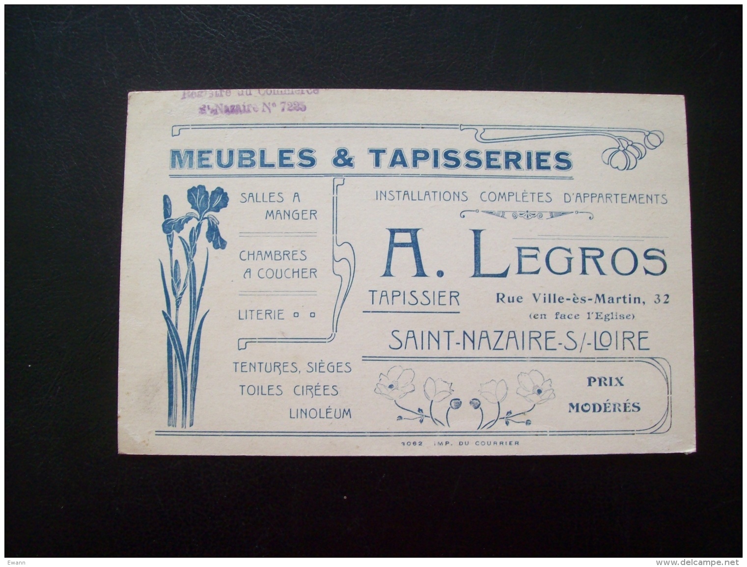 Carte Publicitaire Ancienne: A.Legros, Meubles Et Tapisseries, Rue Villès-Martin, St-Nazaire (44) - Publicités