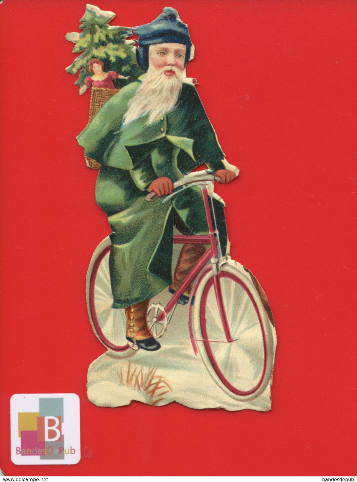 Très Jolie Chromo Découpis Père Noël à Bicyclette Vélo Sapin1890 En Bel état 13 Cm - Christmas