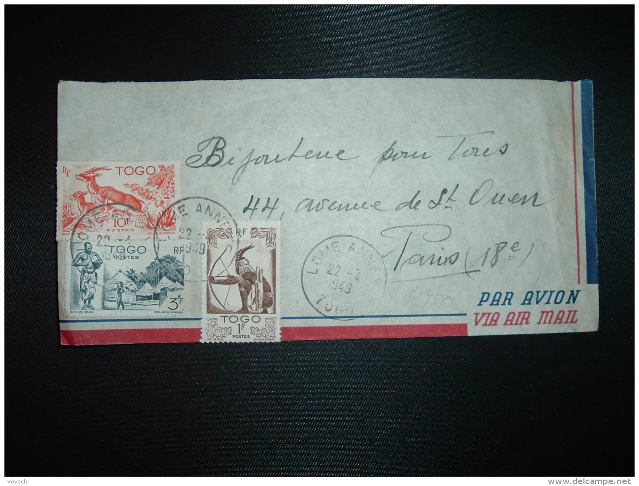LETTRE TP 10F + TP 3F + TP 1F OBL.22 4 1949 LOME ANNEXE TOGO - Storia Postale