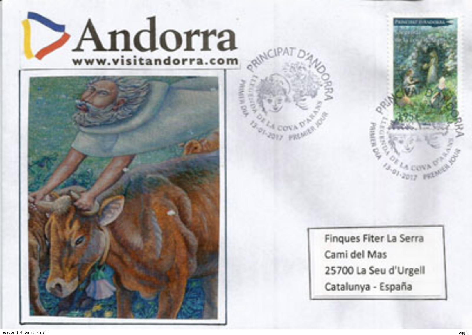 Les Contes Andorrans,année 2017,timbre Haute Faciale Pour Lettre Recommandée,FDC Adressée Espagne, - Lettres & Documents