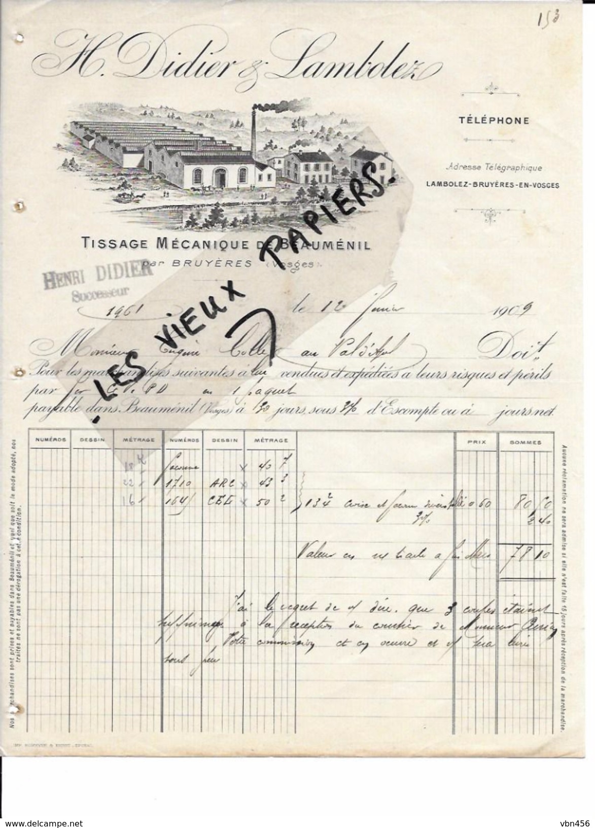 88 - Vosges - BEAUMENIL - Facture DIDIER & LAMBOLEZ - Tissage - 1909 - REF 59B - 1900 – 1949
