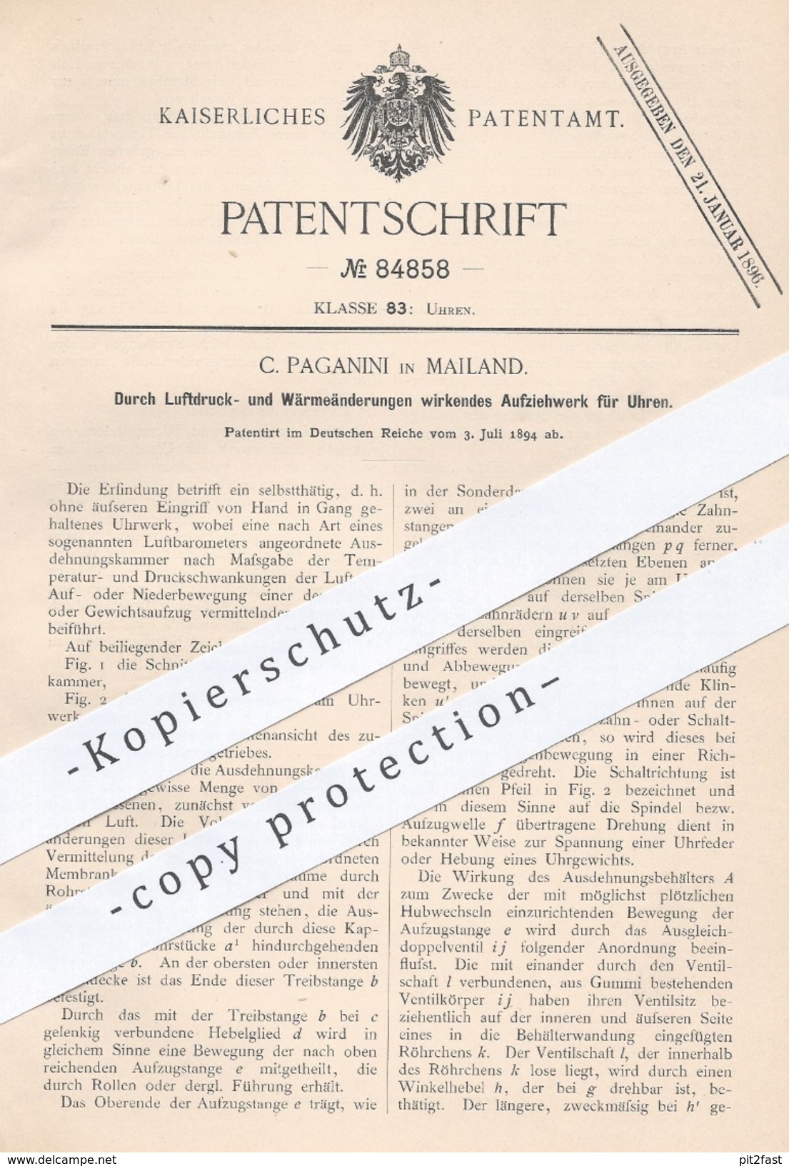 Original Patent - C. Paganini , Mailand , Italien , 1894 , Aufziehwerk Für Uhren | Uhr , Uhrmacher , Uhrwerk , Barometer - Historische Dokumente