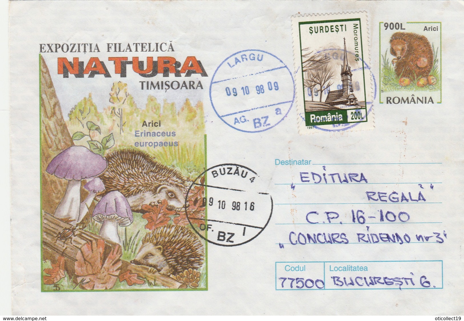 A139  HEDGEHOG,HERISON,MUSHROOMS, COVER STATIONERY 1998 ROMANIA. - Rongeurs