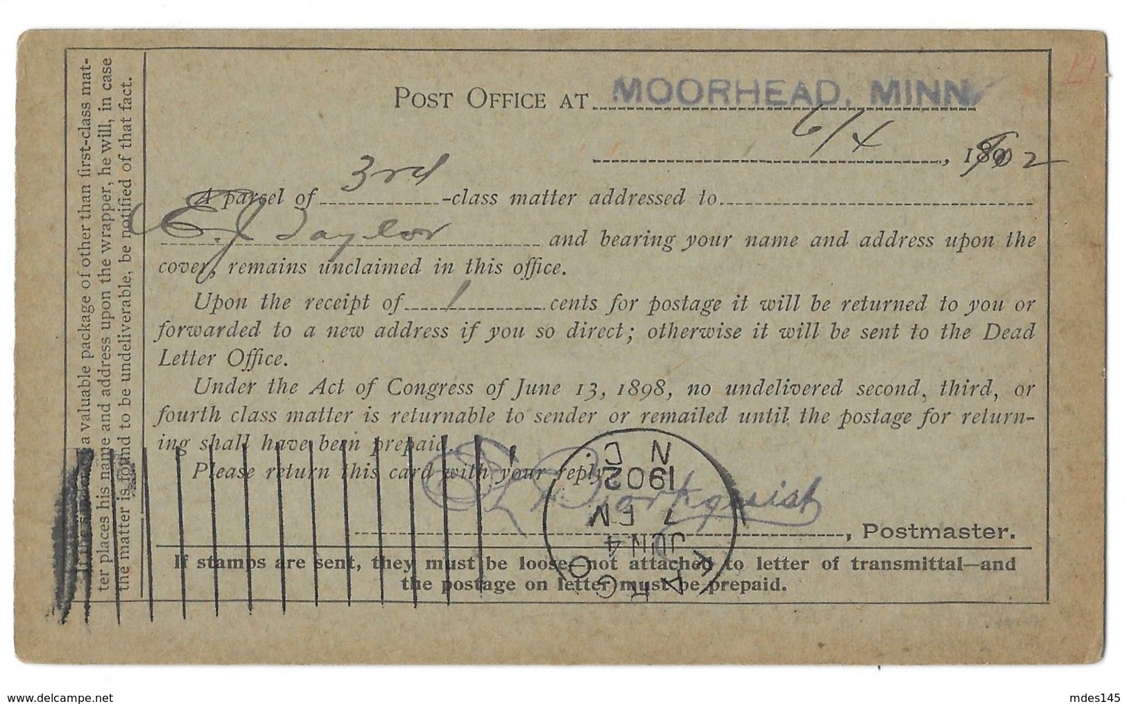 Post Office Official Business Card 1902 Moorhead MN Duplex Fargo ND Barr Fyke - Postal History