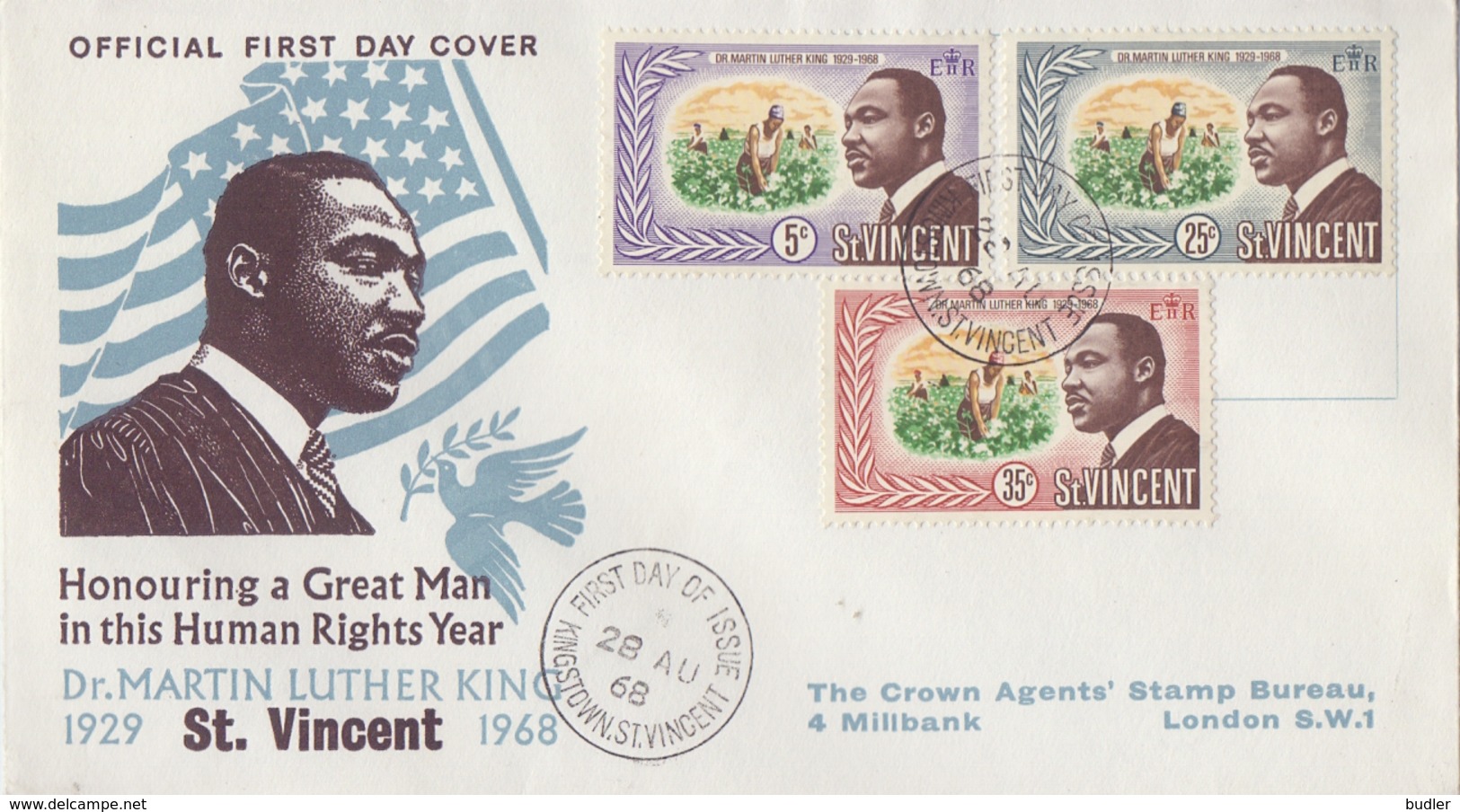 St. VINCENT :1968: Y.241-43 On Travelled FDC : Martin Luther KING,NOBEL PRIZE Of PEACE, - Martin Luther King