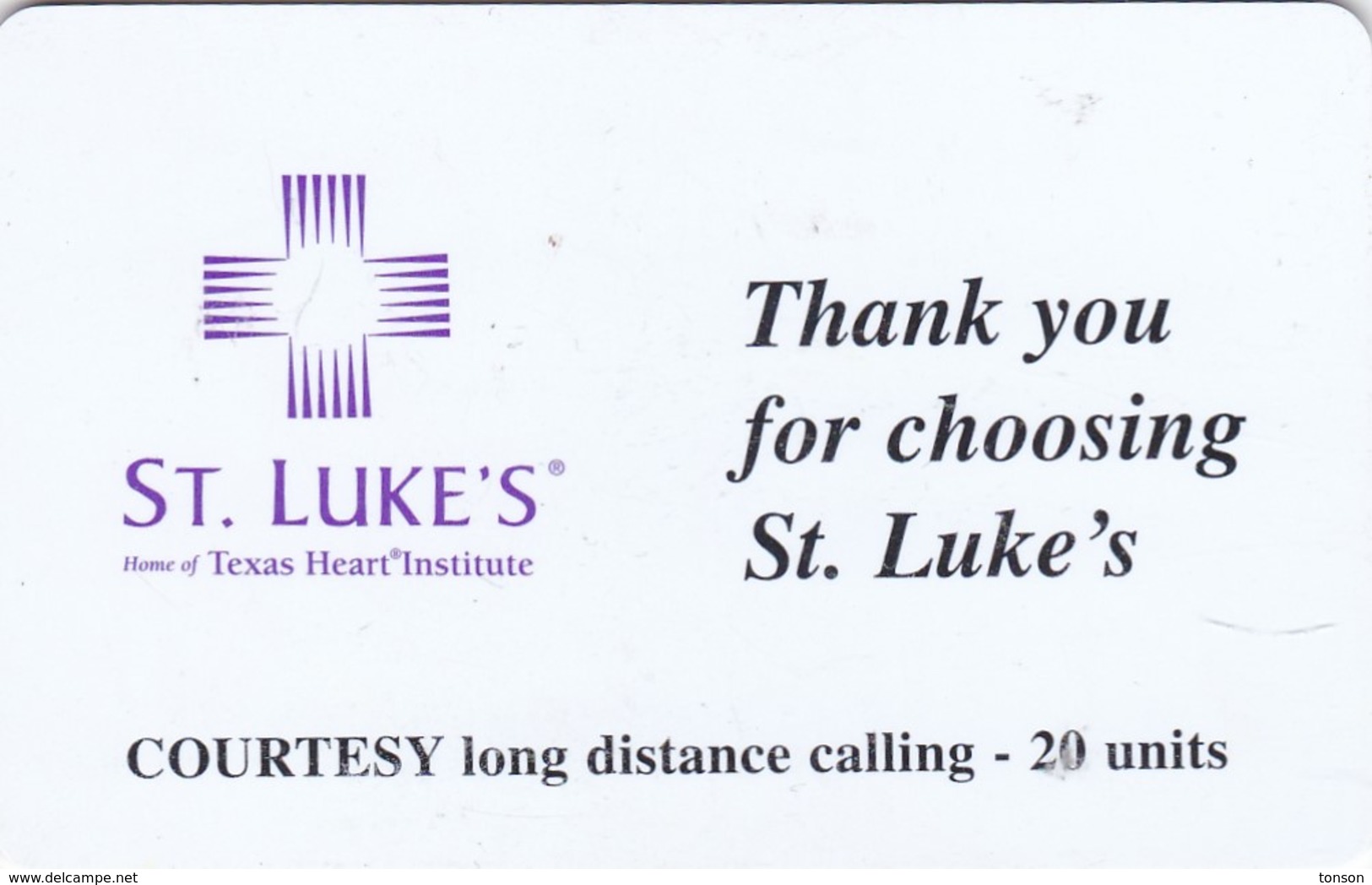 United States, 20 Free Units, Courtesy Of St. Luke's, Home Of Texas Heart Institute, 2 Scans. - Sonstige & Ohne Zuordnung