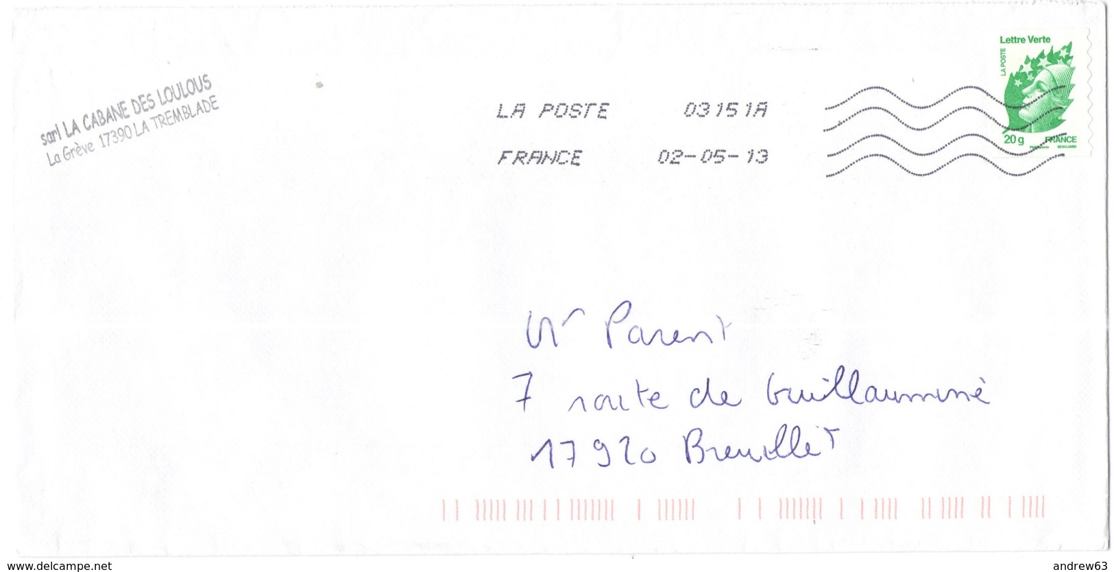 FRANCIA - France - 2013 - Lettre Verte 20g Marianne De Beaujard - Viaggiata Da 03151A Per Breuillet, France - 2008-2013 Marianne Of Beaujard