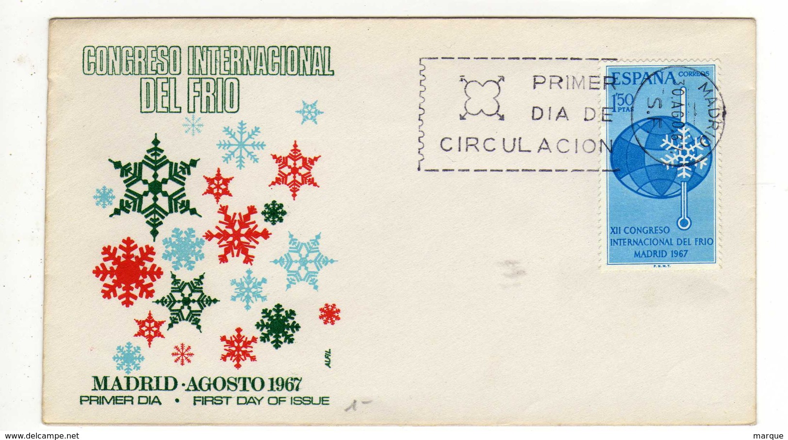 Enveloppe 1er Jour Congreso Internacional Del Frio Oblitération MADRID 30/08/1967 - FDC