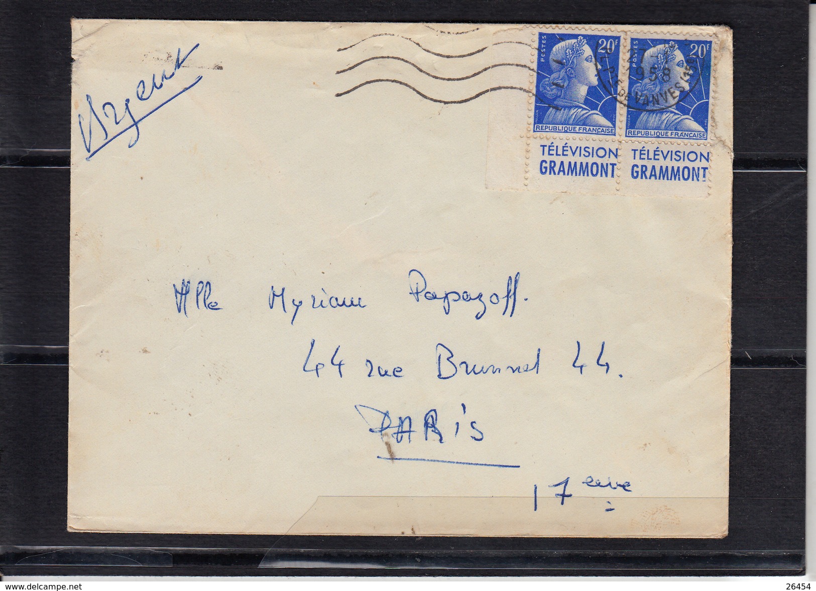 Bandes Publicitaires Mne De MULLER 20f Bleu "  LA PAIRE  Television GRAMMONT " Sur Lettre De PARIS Le 27 1 1958 - Other & Unclassified