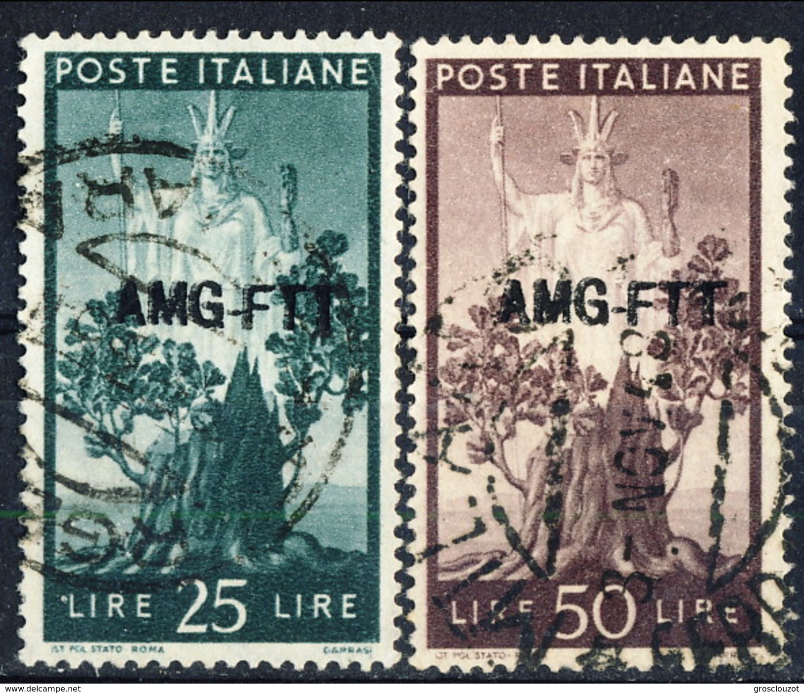 Trieste Zona A 1949 - 50 N. 65 L. 25 E N. 66 L. 50 Serie Democratica Usati Cat. &euro; 11 - Oblitérés