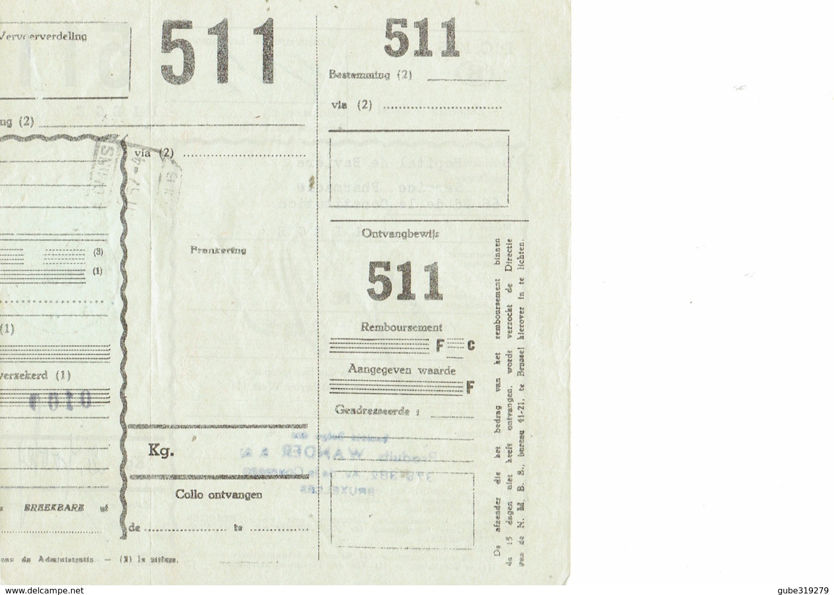 BELGIUM 1957 - BORDEREAU COLIS POSTEAUX  AVEC TIMBRE COLIS P. 19 (EX 18) F. NR 511  DE BRUXELLES A LIEGE AUG 6,1957 DE P - Gepäck [BA]