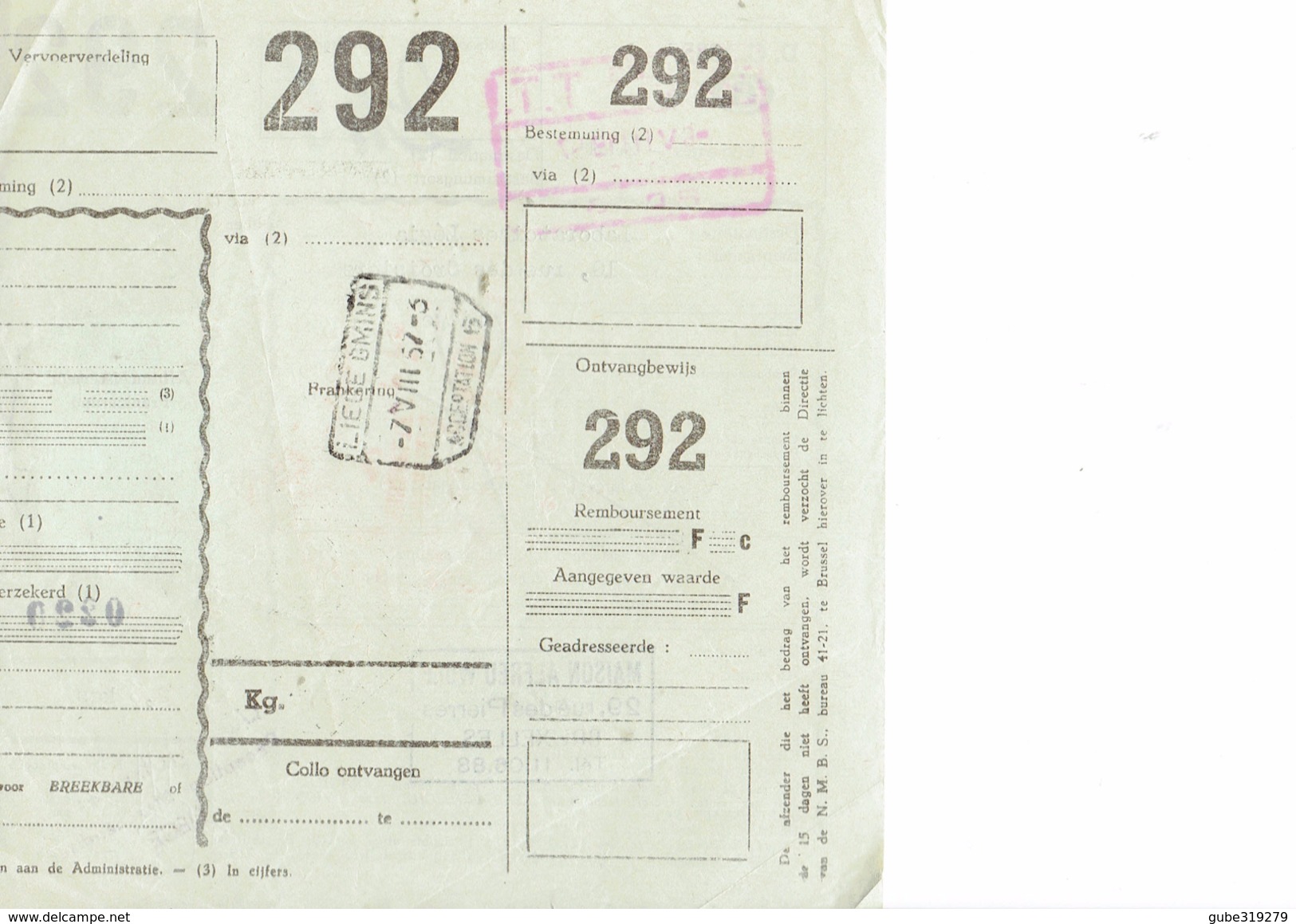 BELGIUM 1957 - BORDEREAU COLIS POSTEAUX  AVEC TIMBRE COLIS P. 19 (EX 18) F. NR 292  DE BRUXELLES A LIEGE AUG 6,1957 DE M - Reisgoedzegels [BA]